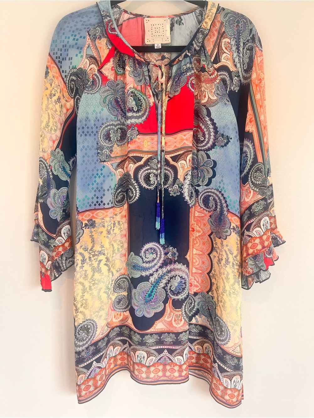 Johnny Was Jade Collect Daria Mix Print Paisley Tunic Beaded Tie Neck Size M